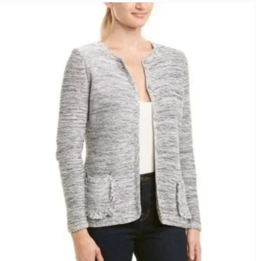 J. McLaughlin Gray Tweed Fringe Herringbone Jacket Cardigan with Pockets XL